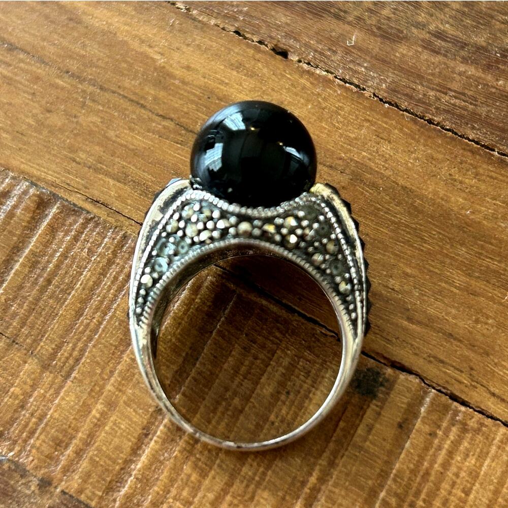 Vintage Sterling Silver Black Onyx Marcasite Dome Ring - Size 7.5, Deco Revival